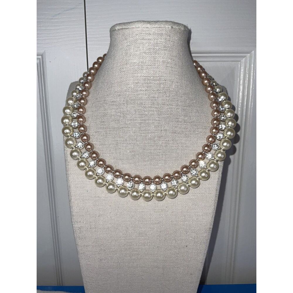 Avon SHB Multi Strand Faux White Pink Pearl Crystal Rhinestone Necklace 9”